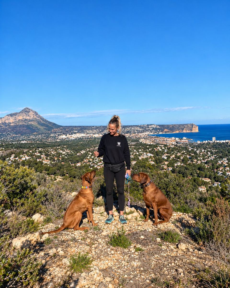 Angelique met twee honden die rustig blijven zitten op een heuvel boven de baai van Jávea