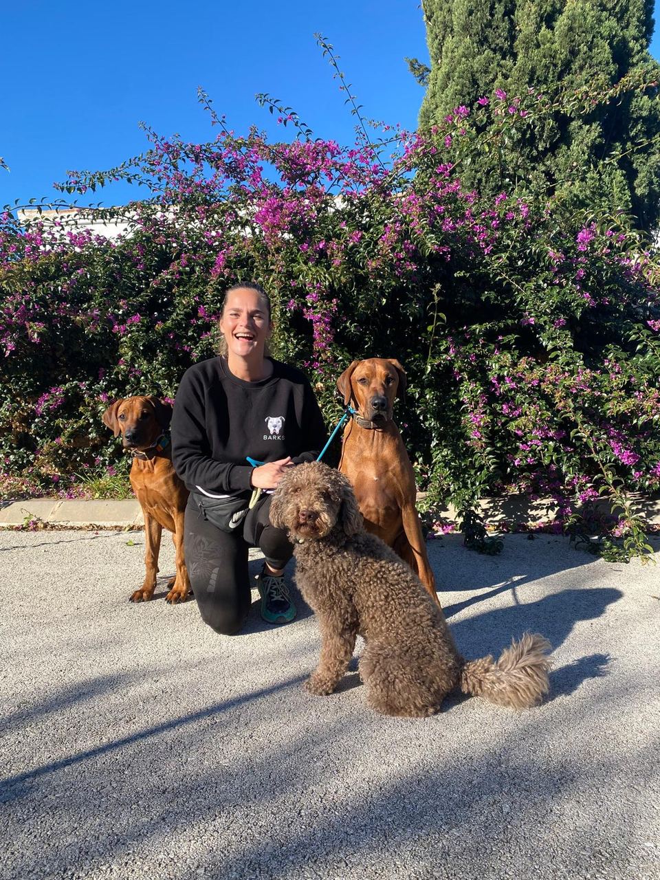 Angelique zit bij twee honden die rustig blijven zitten op de oprit
